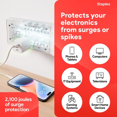Staples TECH 8-Outlet 2-USB Port Surge Protector, 6', 2100 Joules, White (ST62775)