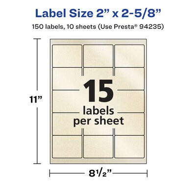 Avery Pearlized Ivory Rectangle Multipurpose Labels, 2" x 2-5/8", Ivory, 150/Pack (94235)