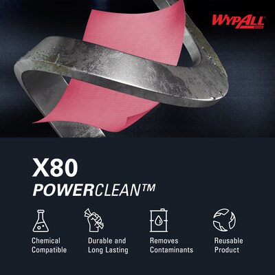 WypAll PowerClean X80 Cloth Cleaning Wipers, 16.8" x 12.5", Red, 475 Sheets/Roll (41055)