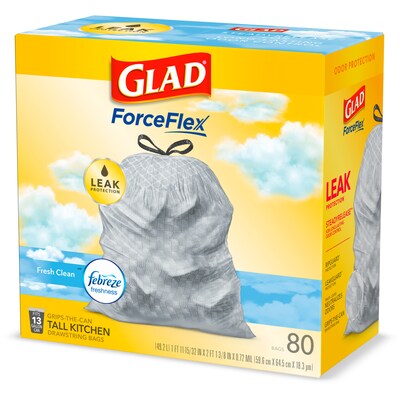 Glad OdorShield 13 Gallon Kitchen Trash Bag, 8.81" x 9.13", Low Density, 0.72 mil, Fresh Clean, White, 80 Bags/Box (78899)