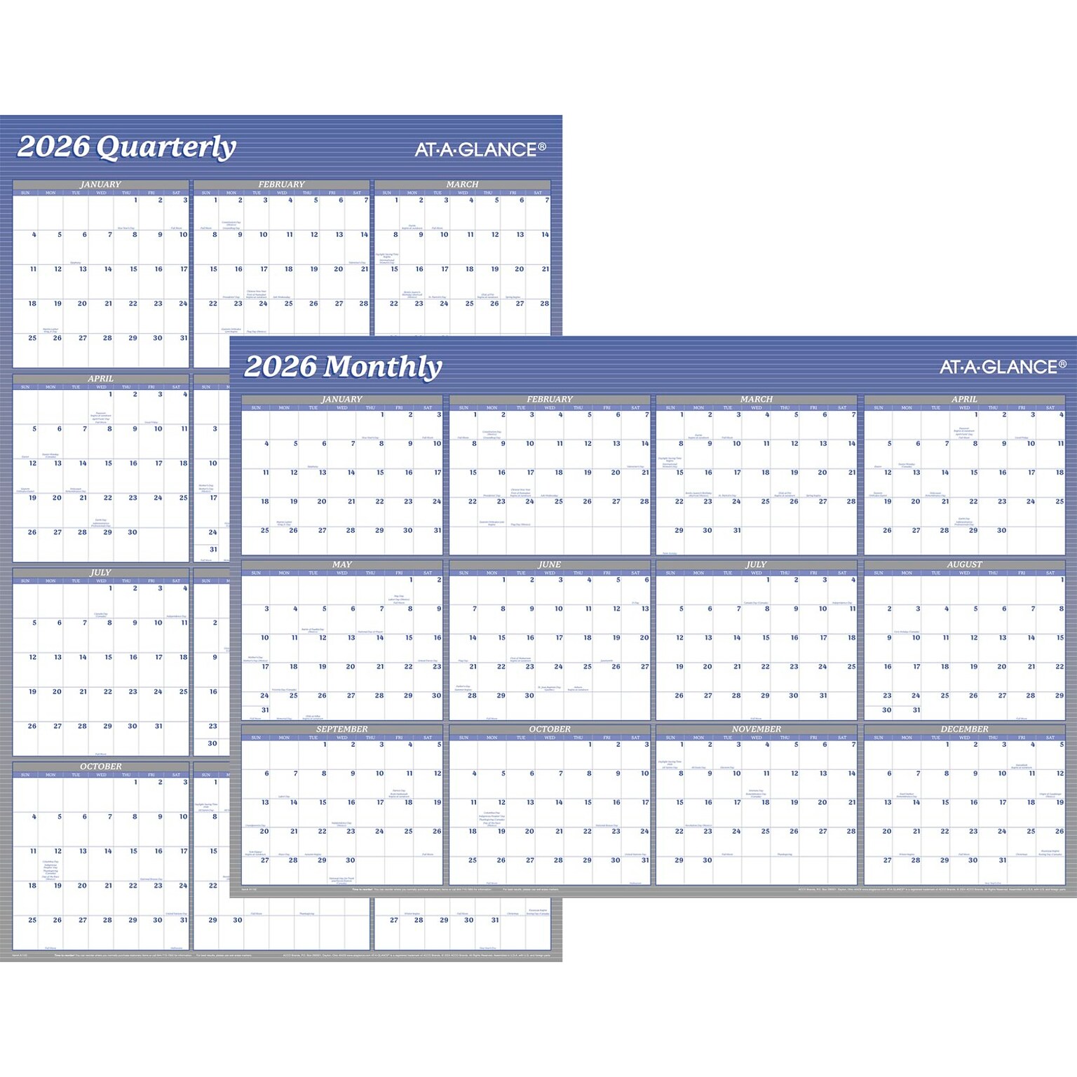 2026 AT-A-GLANCE 36 x 24 Yearly Dry-Erase Wall Calendar, Reversible, White/Blue (A1102-26)