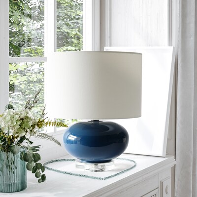 Lalia Home 15.25" Modern Ovaloid Glass Bedside Table Lamp with White Fabric Shade, Blue (LHT-3005-BL)