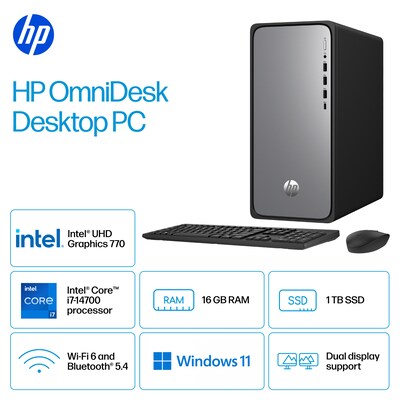 HP OmniDesk  Desktop Computer, Intel Core i7-14700, 16GB RAM,  1TB SSD, Windows 11 Home, Mouse & Keyboard Included