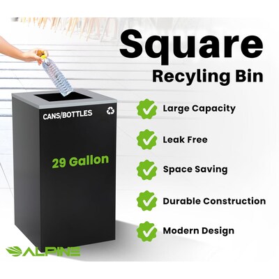 Alpine Industries Steel Trash Can with Square Lid, 29 Gallon, Black (ALP4450-KIT-BLK-S-TR)