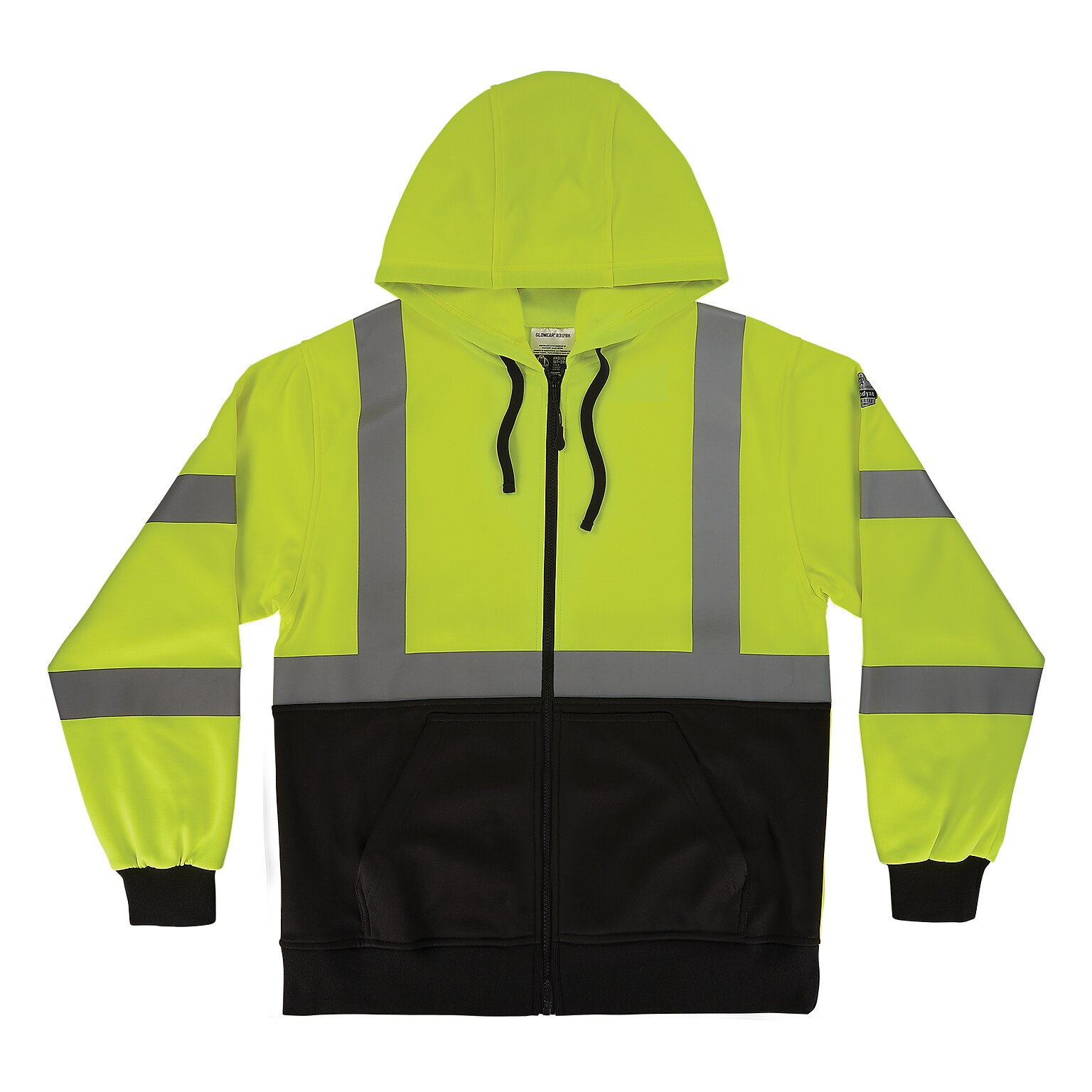 Ergodyne GloWear 8312BK High Visibility Long Sleeve Black Bottom Hooded Zip-Up Sweatshirt, ANSI Type R Class 3, Lime, Large