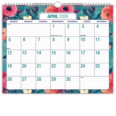 2026-2027 Excello Brands 12 x 15 Academic Monthly Wall Calendar, Teal Floral (NAY27-1512WC-17)