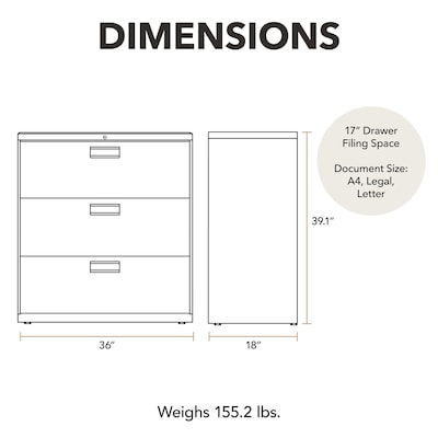 HON Brigade 600 Series 3-Drawer Lateral File Cabinet, Locking, Letter/Legal, Black, 36"W (H683.L.P)