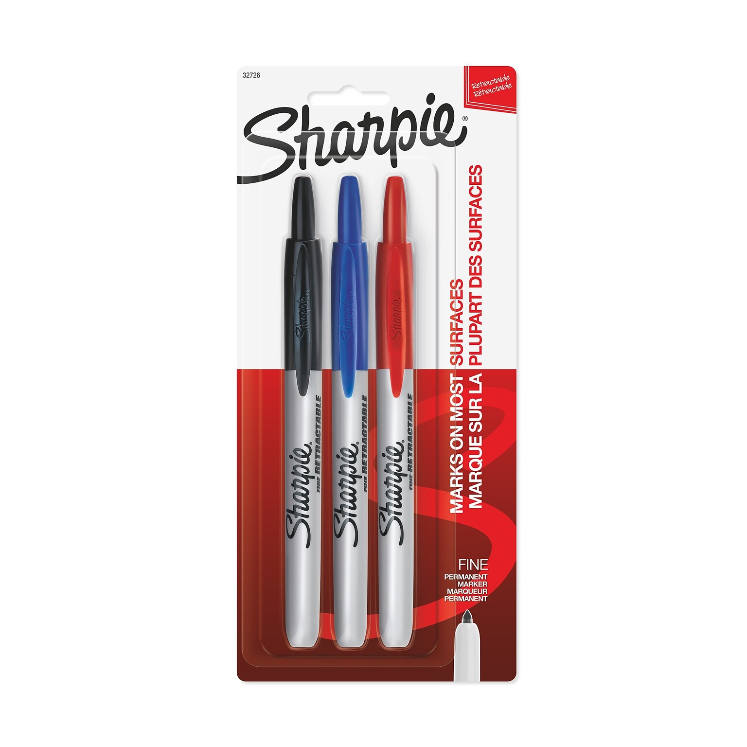 Sharpie Retractable Permanent Markers, Fine Tip, Assorted, 3/Pack (32726)