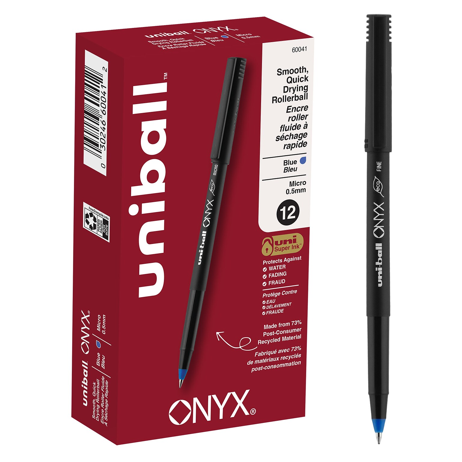 uni-ball Onyx Rollerball Pens, Micro Point, 0.5mm, Blue Ink, Dozen (60041)