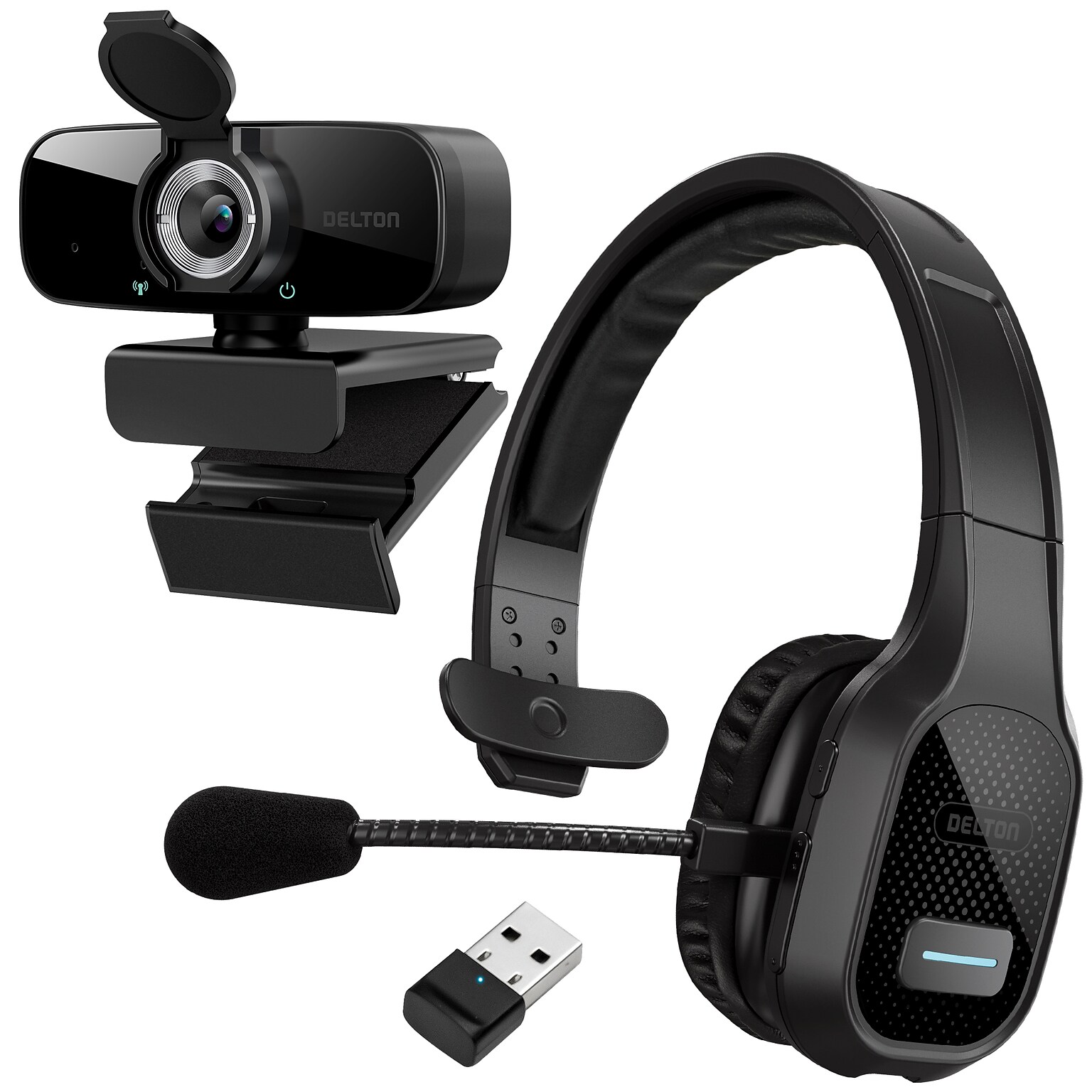 Delton 20X/C24 Wireless Noise Canceling Bluetooth Computer Headset and 1080p Webcam Bundle, USB-A, Black (DBTHEAD20XBNDL)