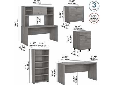 Bush Business Furniture Echo 60"W Bow Front Desk, Credenza with Hutch, Bookcase and File Cabinets, Modern Gray (ECH029MG)