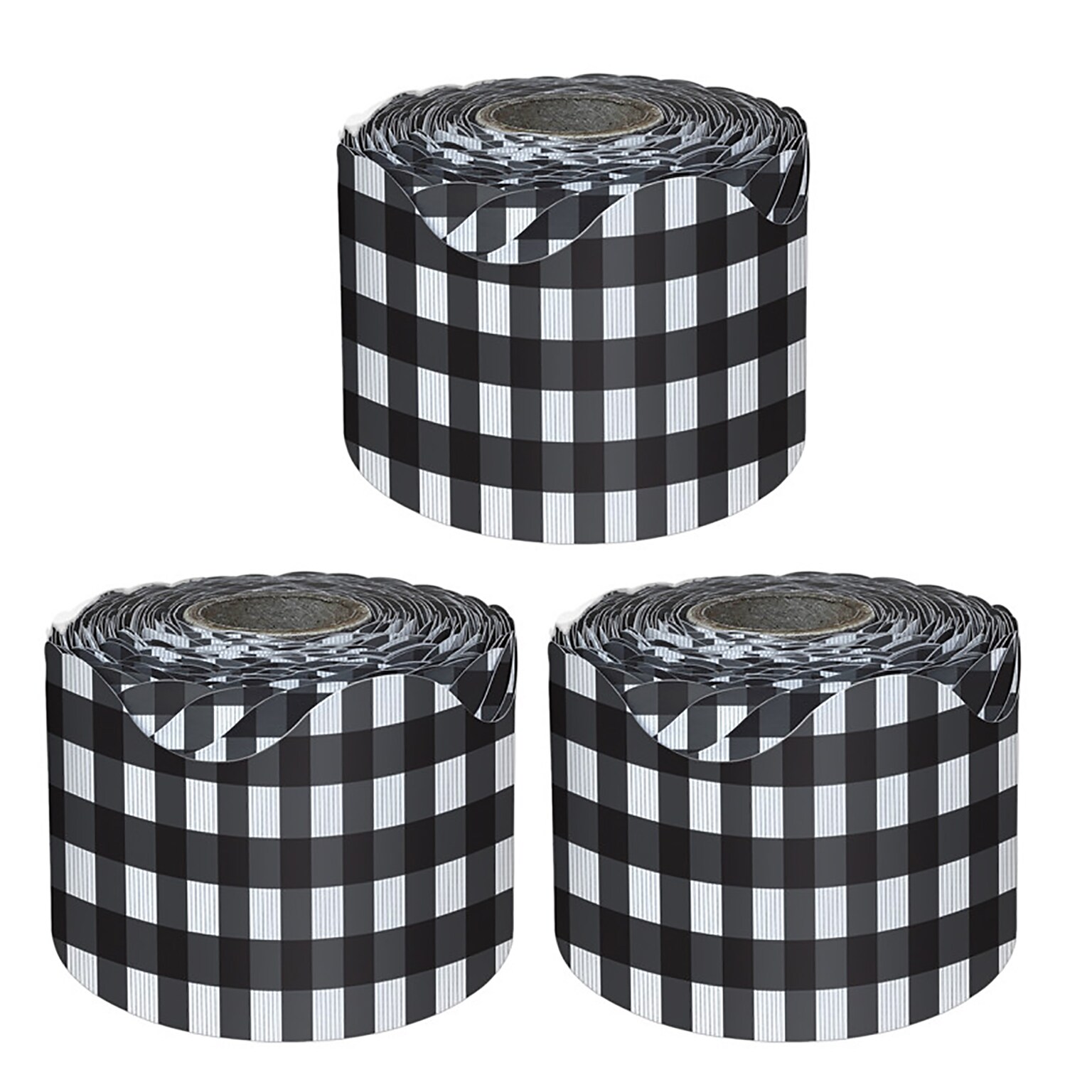 Carson Dellosa Education Rolled Scalloped Borders, 3 x 65, Black Gingham, 3/Bundle (CD-108507-3)