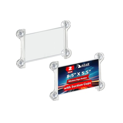 Azar Horizontal Window Sign Holder with Suction Cups, Window-Hanging, Front Loading, Clear Acrylic, 2/Pack (106627)