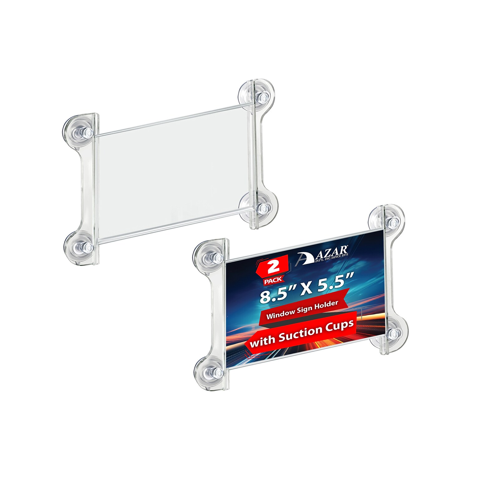 Azar Displays Window Sign Holder with Suction Cups, Front Loading, Clear Acrylic, 2/Pack (106627)