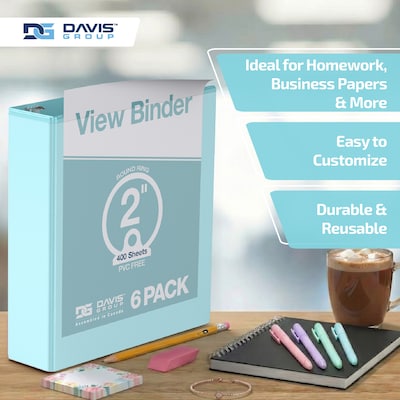 Davis Group Standard View 2" 3-Ring Binders, Aqua, 6/Pack (7413-12-06)
