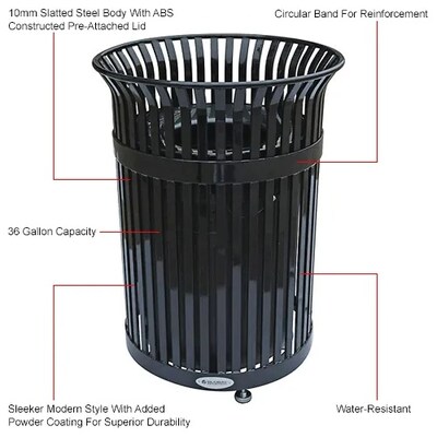 Global Industrial Outdoor Heavy-Duty Slatted Steel Trash Can, 36 Gallon, Black (641629BK)