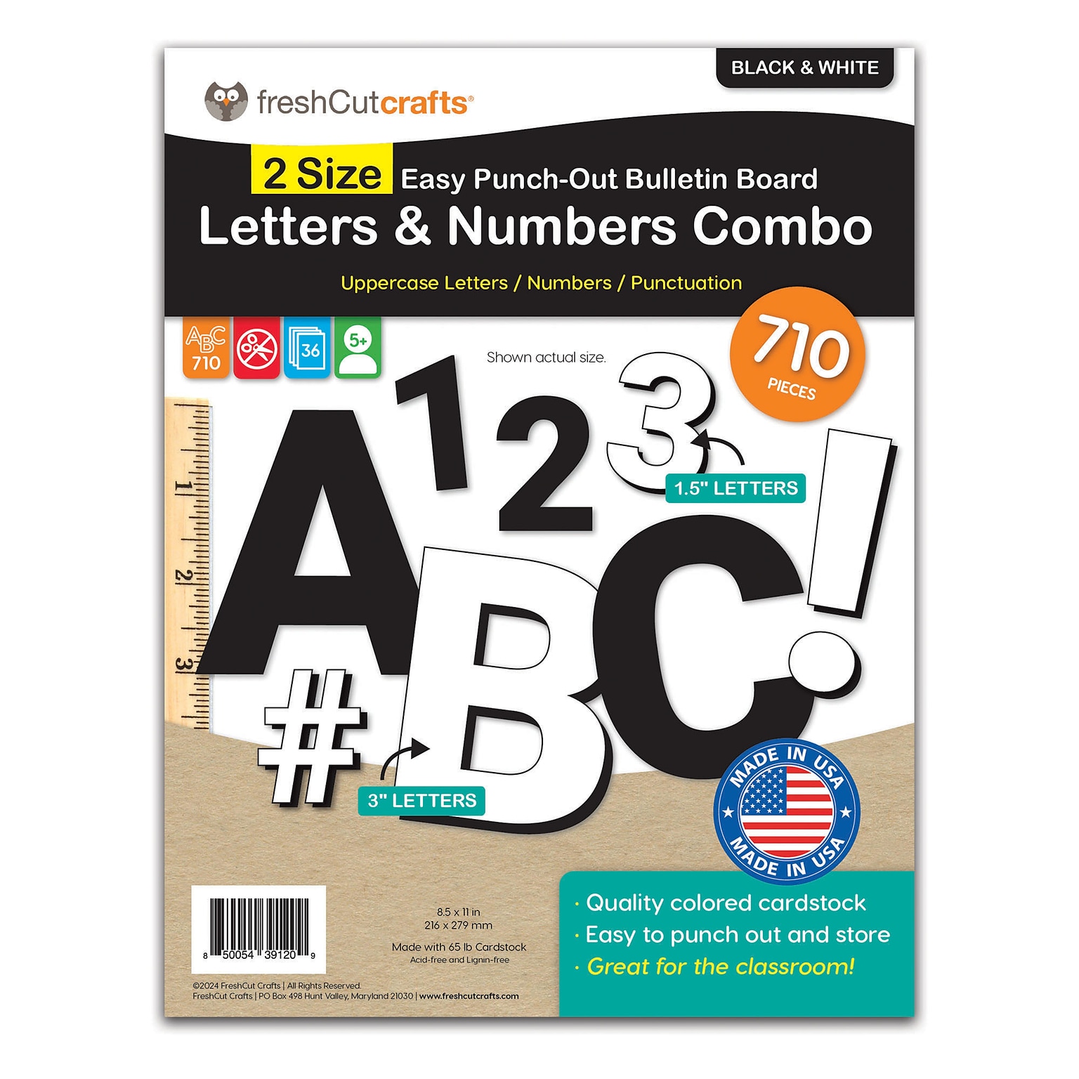 FreshCut Crafts Bulletin Board Letters & Numbers, Black & White, 1.5in & 3in, 710 Pieces (FCC850054391209)