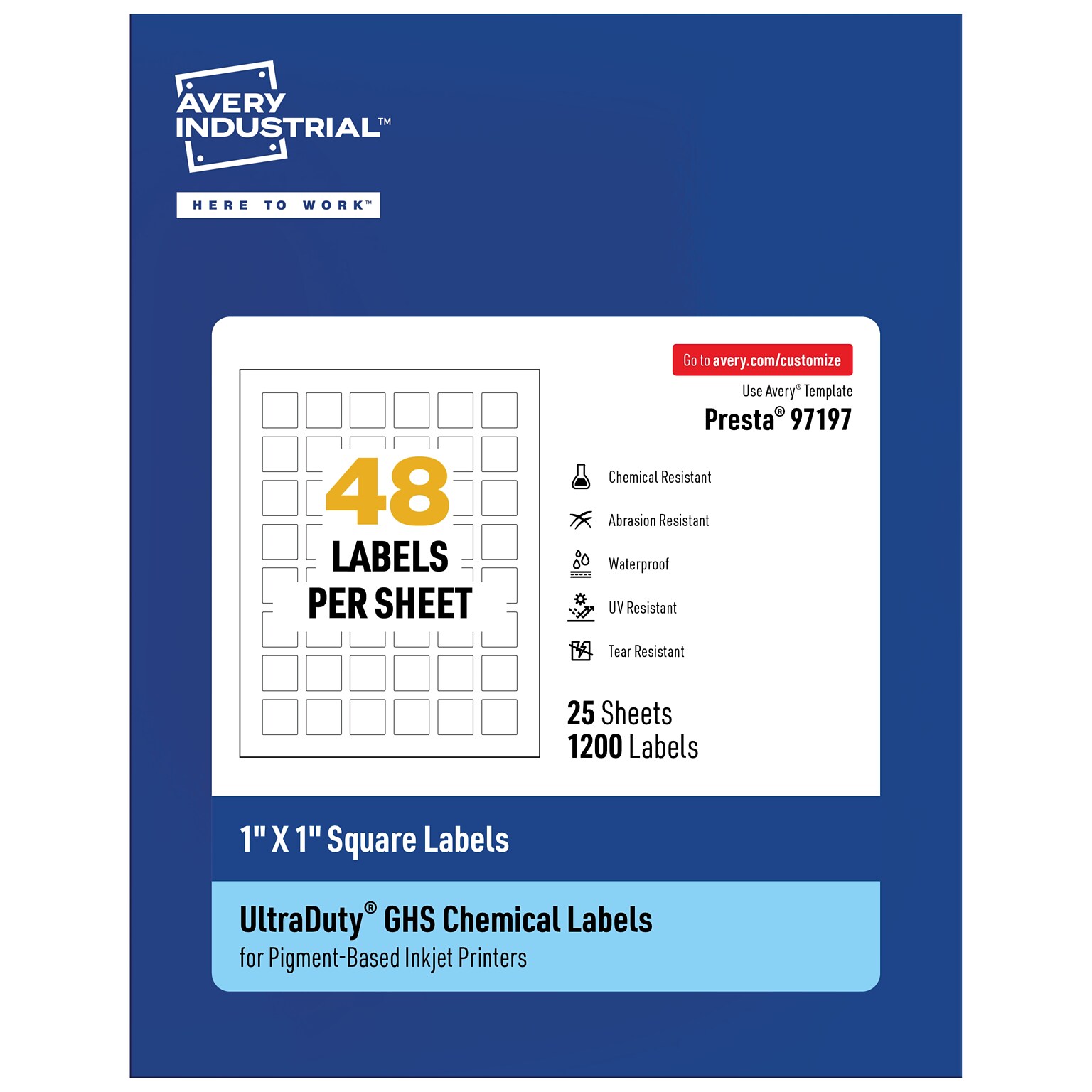 Avery Inkjet UltraDuty GHS Labels, 1 x 1, White, 1200 Labels/Pack (97197)