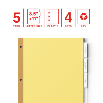 Staples Big Tab Blank Paper Dividers, 5-Tab, Clear, Writable Customizable Binder Dividers, 4-Pack