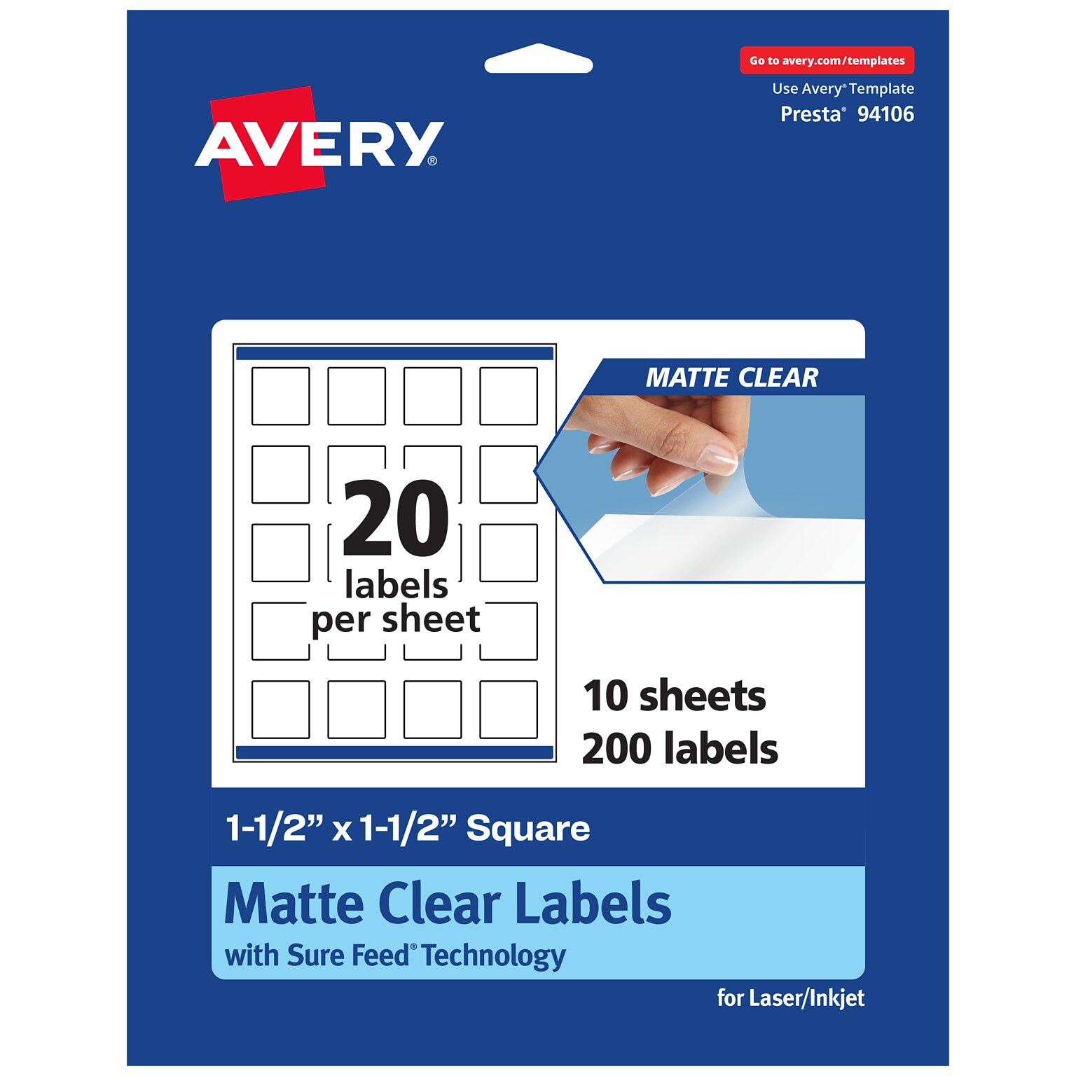 Avery Laser/Inkjet Multipurpose Square Labels, 1.5 x 1.5, Clear, 200 Labels/Pack (94106)