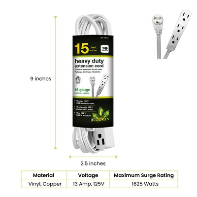 GoGreen Power 15 Extension Cord, 3-Outlet, 16 AWG, White (GG-19615)