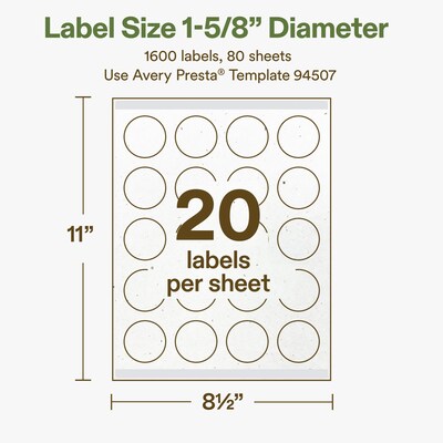 Avery Hemp Round Laser/Inkjet Multipurpose Labels, 1-5/8" Dia, Off-White (1600/Box)