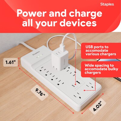 Staples TECH 10-Outlet 2-USB Port Surge Protector, 6', 3000 Joules, White (ST62776)