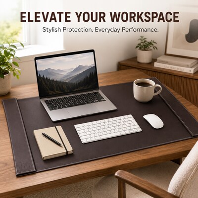 SUM Anti-Slip Faux leather Desk Pad with Side Rail, 34.5" x 24", Brown (OSCDPD001)