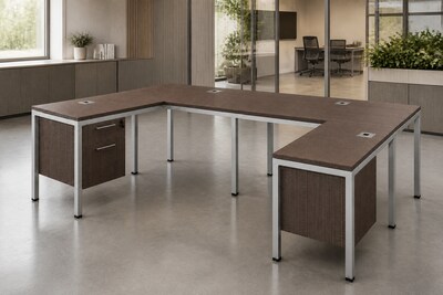 Boss Office Products Simple System 66"W L-Shaped Desk with Pedestal, Driftwood, 2/Set (SGSD008-102)