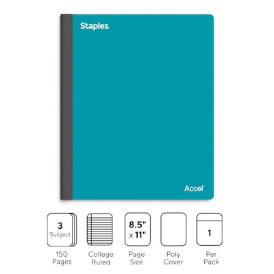 Staples Premium 3-Subject Notebook, 8.5" x 11", College Ruled, 150 Sheets, Teal (TR58333)
