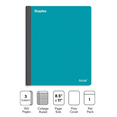 Staples Premium 3-Subject Notebook, 8.5 x 11, College Ruled, 150 Sheets, Blue (ST58333C)