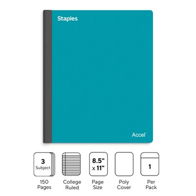 Staples Premium 3-Subject Notebook, 8.5" x 11", College Ruled, 150 Sheets, Teal (TR58333)