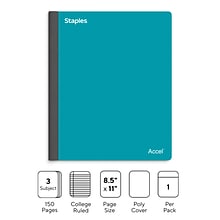 Staples Premium 3-Subject Notebook, 8.5 x 11, College Ruled, 150 Sheets, Teal (TR58333)