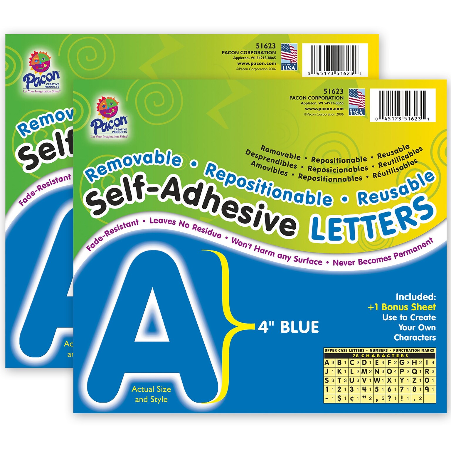 Pacon 4 Self-Adhesive Puffy Font Letters, Blue, 78 Characters/Pack, 2 Packs/Bundle (PAC51623-2)