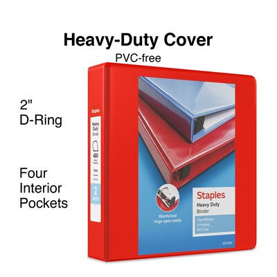 Staples® Heavy Duty 2 3 Ring View Binder with D-Rings, Red (26348)