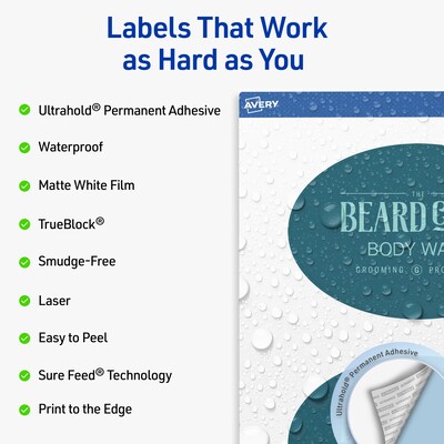 Avery Waterproof Oval Laser Multipurpose Labels, 4 x 6, White, 100/Box (19479399194)
