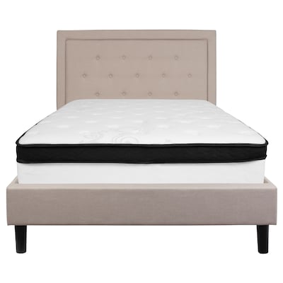 Flash Furniture Roxbury Tufted Upholstered Platform Bed in Beige Fabric with Memory Foam Mattress, Full (SLBMF18)