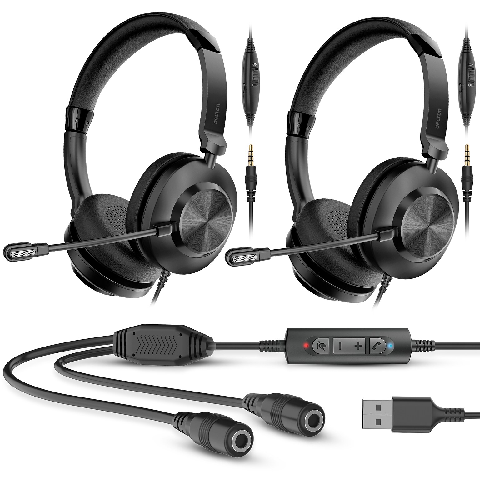 Delton T32Y Training Headsets with Master Adapter & Splitter, Black, 2/Pack (DWHT232Y)