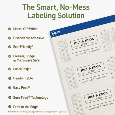 Avery Dissolvable Rectangle Multipurpose Labels, 1.5 x 3.75, Off-white, 100/Pack (94205)