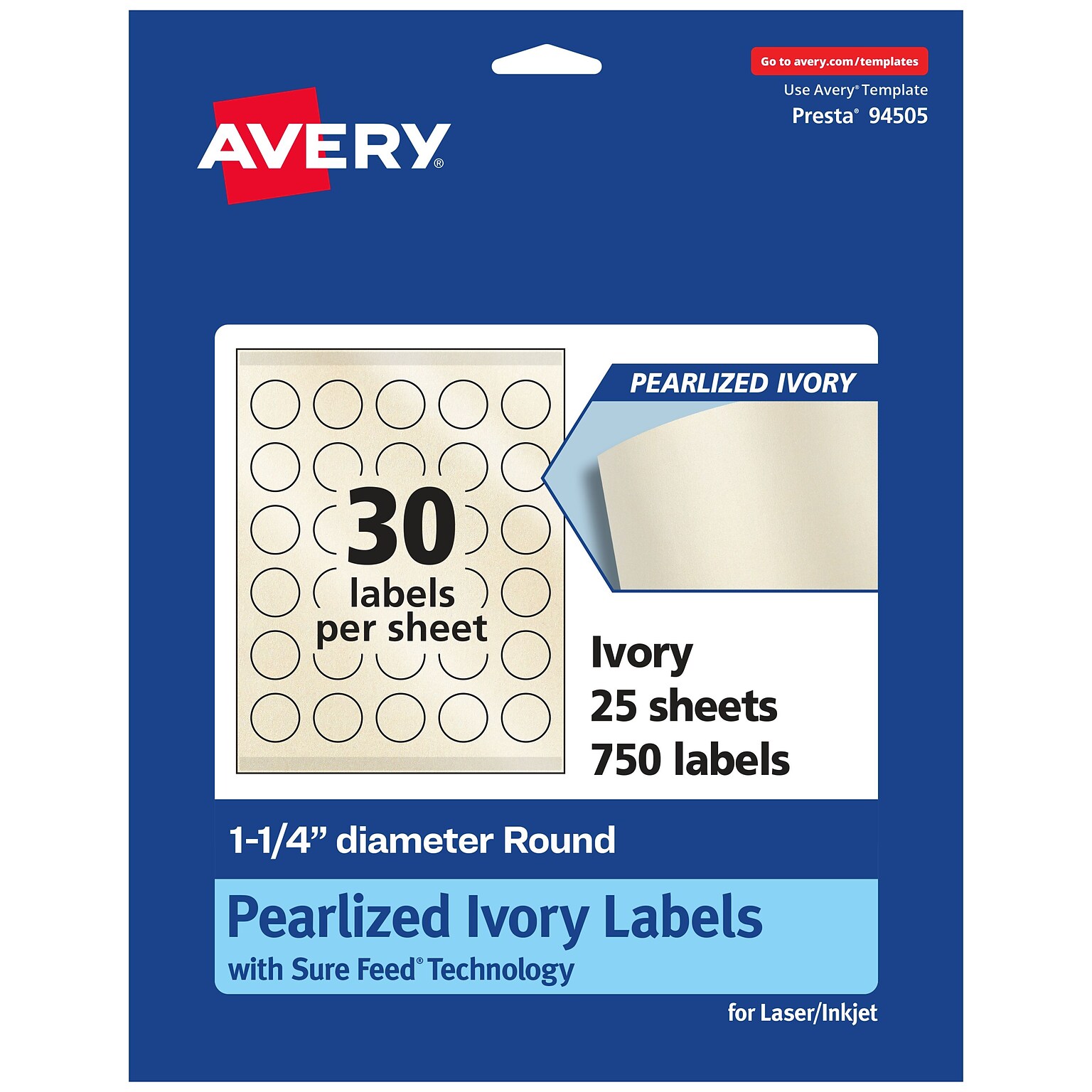 Avery Laser/Inkjet Round Multipurpose Labels, 1.25 Dia., Ivory, 750 Labels/Pack (94505)