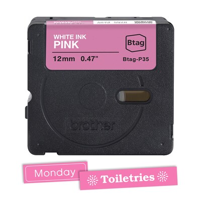 Brother P-touch Btag Label Tape, 1/2" x 13.1' (12mm x 4m), White on Pink (BTAGP35)