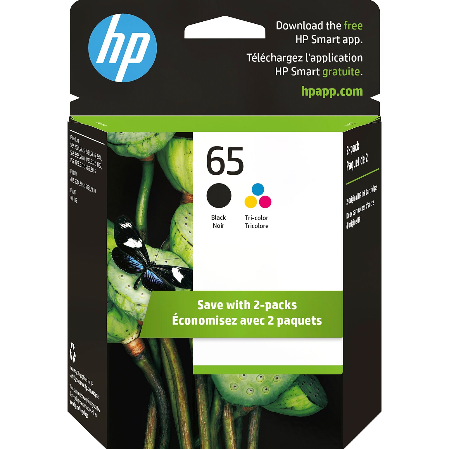 HP 65 Black/Tri-Color Standard Yield Ink Cartridge, 2/Pack (T0A36AN#140)