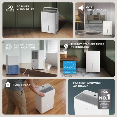 TCL 50-Pint Portable Dehumidifier, 3-Speed, Covers up to 4500 sq. ft., White (T50DC9R)