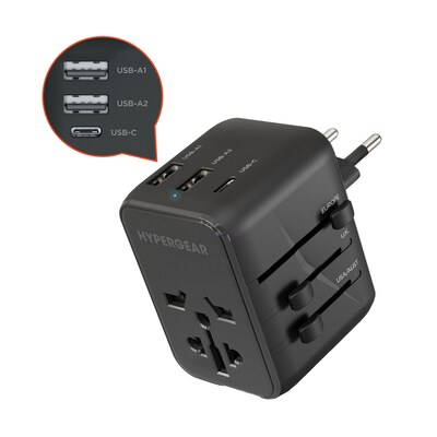HyperGear WorldCharge Universal Travel Adapter with USB/USB A/USB C Ports, Black (15822)