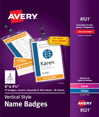 Avery Vertical Style Lanyard Laser/Inket Name Badge Kit, 6 x 4 1/4, Clear Holders with White Inserts. 75 Badges (8521)
