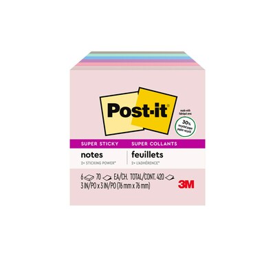 Post-it Recycled Super Sticky Notes, Wanderlust Pastels Collection, 3" x 3",  70 Sheets/Pad, 6 Pads/Pack (654-6SSNRP)