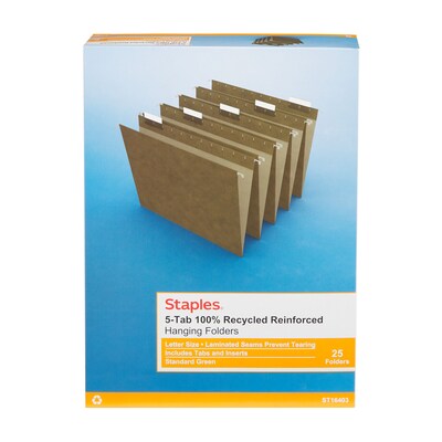 Staples 100% Recycled Reinforced Hanging File Folder, 1/5-Cut Tab, Letter Size, Standard Green, 25/Box (TR16403)