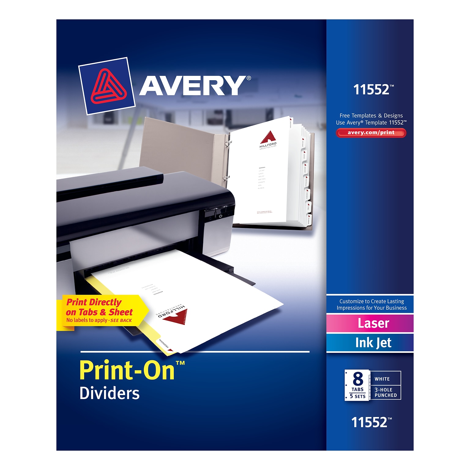 Avery Print-On Paper Dividers, 8 Tabs, White, 5 Sets/Pack (11552)