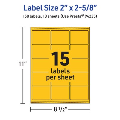 Avery Laser/Inkjet Rectangle Multipurpose Labels, 2" x 2-5/8", Bright Yellow, 150/Pack (94235)