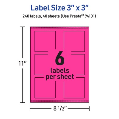 Avery Laser/Inkjet Square Multipurpose Labels, 3" x 3", Neon Magenta, 240/Pack (94101)